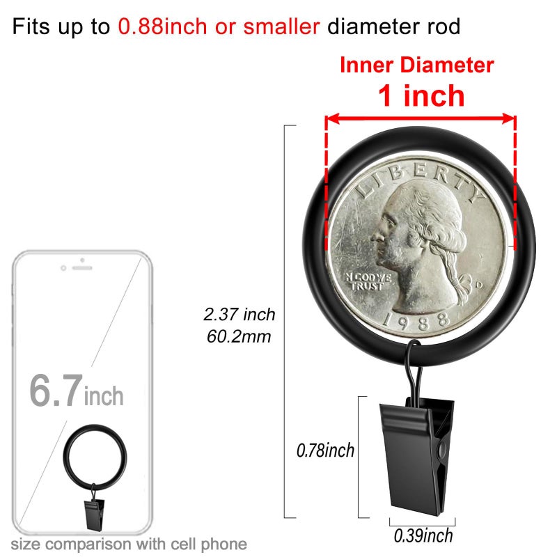 Lansian 20Pack Curtain Rings with Clips, Drapery Clips for Curtain, Drapery Rings with Clips for Hanging Drapery Drapes Bows, 1 inch Interior Diameter, Fits up to 4/5 in Curtain Rod, Vintage Black - Image 2